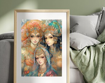 Mystieke godin Art Print, goddelijk vrouwelijk decor, etherische vrouw poster, hemelse spirituele muurkunst
