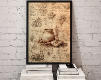 May include: Framed sepia-toned artwork featuring a still life with a large ceramic pot, smaller vases, and various vegetables. The background is filled with handwritten script. The artwork is displayed on a stack of books.