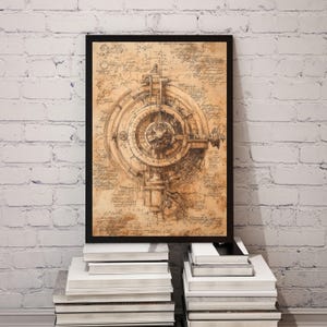 May include: A framed print featuring a detailed mechanical drawing in sepia tones. The artwork, with a black frame, depicts a complex circular design with gears and intricate lines, reminiscent of a historical blueprint. The print is displayed against a white brick wall.