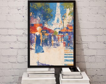 Paris Street Fashion Art Print – Eiffel Tower Woman Walk Poster, French Style Wall Decor