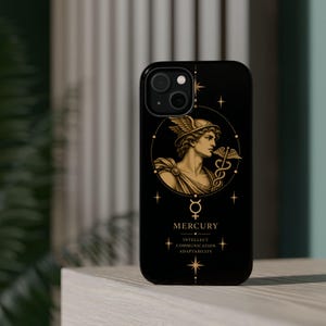 May include: A black smartphone case featuring a gold-toned illustration of the Roman god Mercury wearing a winged helmet and holding a caduceus. Below the circular portrait, the text reads MERCURY, INTELLECT, COMMUNICATION, ADAPTABILITY.