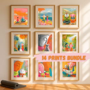 Ganesha and Buddha Wall Art Bundle, 14 Colorful Prints Set, Spiritual Yoga Room Decor, Mindful Gift
