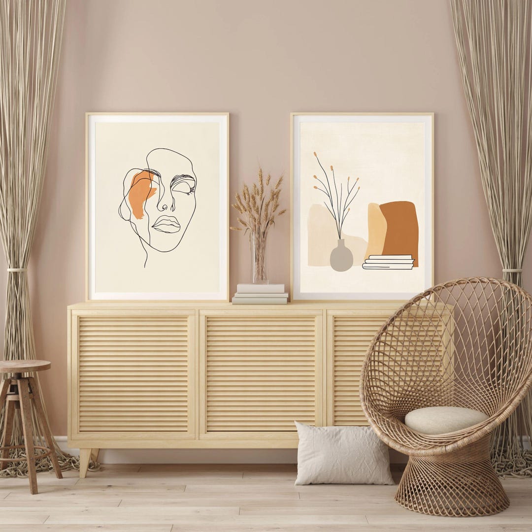 Abstract Line Art Print Bundle, Minimalist Face and Leaf Prints, Modern ...