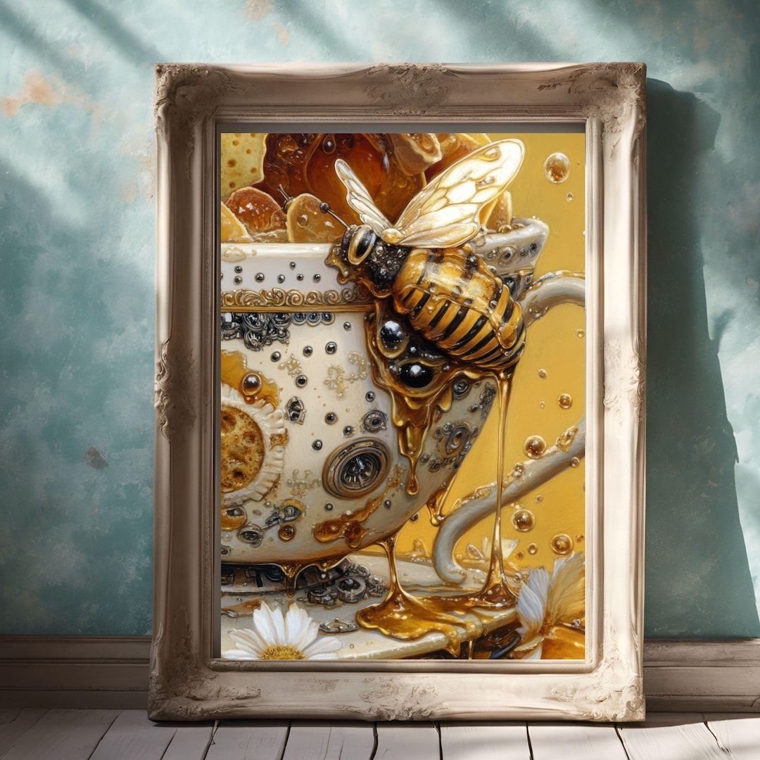 kitchen wall art | bee art print | honey bee decor |... Golden Bee & Honey Art Print, Elegant Tea Cup Wall Decor, Nature ...
