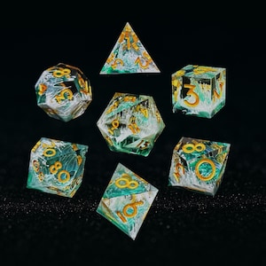 Sharp Edge Resin DnD Dice Set: Turquoise, Gold & Orange Polyhedral Dice
