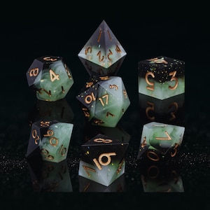 Black & Mint Green Sharp Edge Resin Dice Set: Rose Gold Numbers