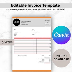 Editable Invoice Template | Business, Company Invoice | Canva & Fillable PDF | Small Business Template | Digital Download