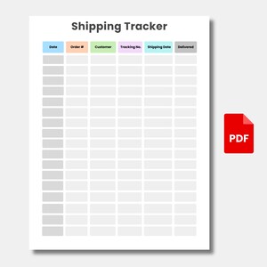 May include: A white printable PDF document titled "Shipping Tracker" with columns for tracking order details. The columns are labeled "Date," "Order #," "Customer," "Tracking No.," "Shipping Date," and "Delivered." A red PDF icon is in the lower right corner.
