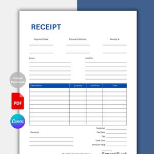 Może przedstawiać: Biały szablon paragonu z niebieskimi nagłówkami i niebieską tabelą. Słowo "RECEIPT" znajduje się na górze. Szablon zawiera pola na datę płatności, metodę i numer paragonu, a także sekcje "From" i "Sold To".