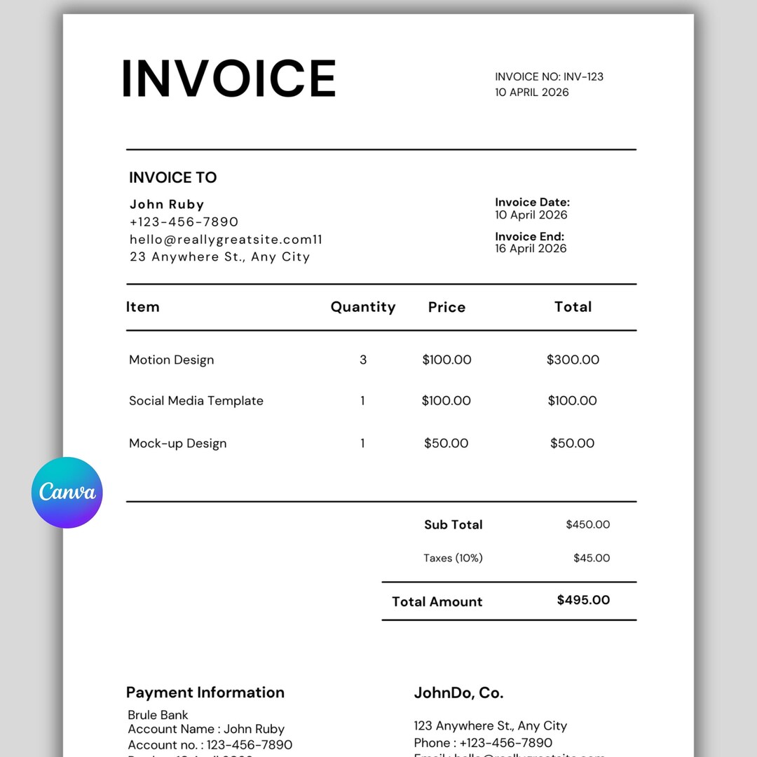 Editable Canva Invoice Template, Professional Business Billing Form ...