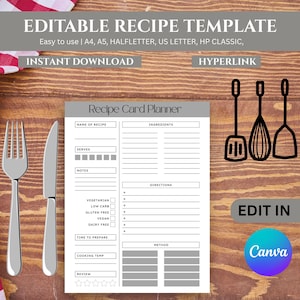 Editable Recipe Card Template | Printable Recipe Canva | Recipe Book Template | Recipe Binder | Minimalist Recipe Template |Instant Download