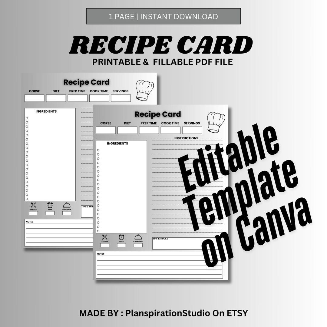 Printable Recipe Book Template | Fillable Recipe Cards and Meal Planner ...