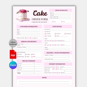 以下が含まれることがあります： ピンクと白のケーキ注文フォーム。顧客情報、ケーキの詳細、価格設定のセクションがあります。ピンクの花で飾られたケーキの写真が含まれています。「Cake Order Form」の文字が上部に表示されています。