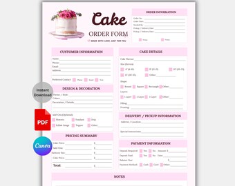 Editable Cake Order Form, Bakery Business Template, Wedding Order Sheet (Digital Download)