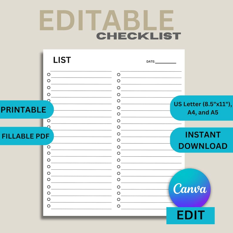 Editable Printable Checklist Template | Daily, Event & Task Planner ...
