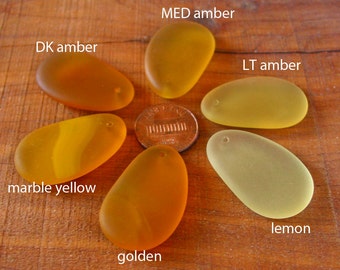 2 / 4 pcs 33mm Amber Lemon Golden Yellow sea beach glass pendant bead pebble oval matte frosted small - PICK