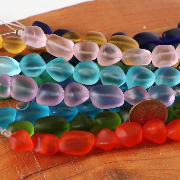 4" / 8" PETITE 13mm 15mm sea beach glass bead frosted Freeform nugget pebble recycled small - Aqua Pacific Royal Blue Pink Green Orange