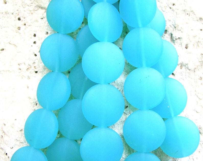 4 / 8 str 20mm LARGE sea beach glass bead coin matte frosted small recycled Seafoam Aqua Pacific Blue Lavender Green image 6