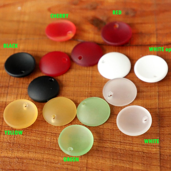 2 / 4 pcs 18mm SMALL Red Yellow Green White Black concaved coin sea beach glass pendant beads matte frosted recycled