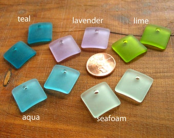 2 /4 pcs 18mm SMALL - Lime Green Seafoam Aqua Teal Blue Lavender square curved bottle sea beach glass pendant beads matte frosted recycled