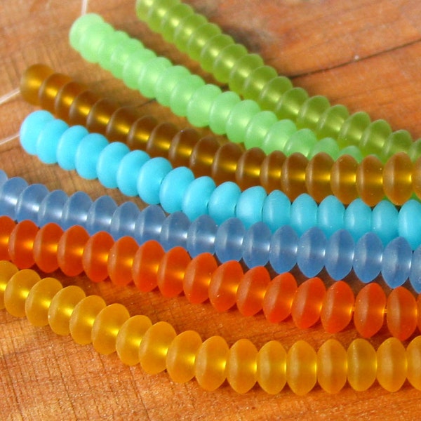 7” 8mm - Yellow Orange Blue Green Peridot Brown - rondelle saucer sea beach glass beads frosted recycled matte disc