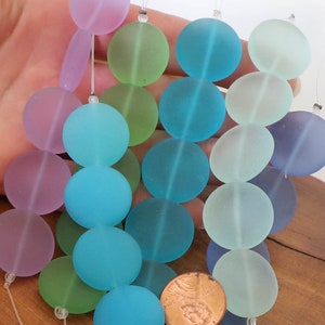 4 / 8 str 20mm LARGE sea beach glass bead coin matte frosted small recycled Seafoam Aqua Pacific Blue Lavender Green image 2