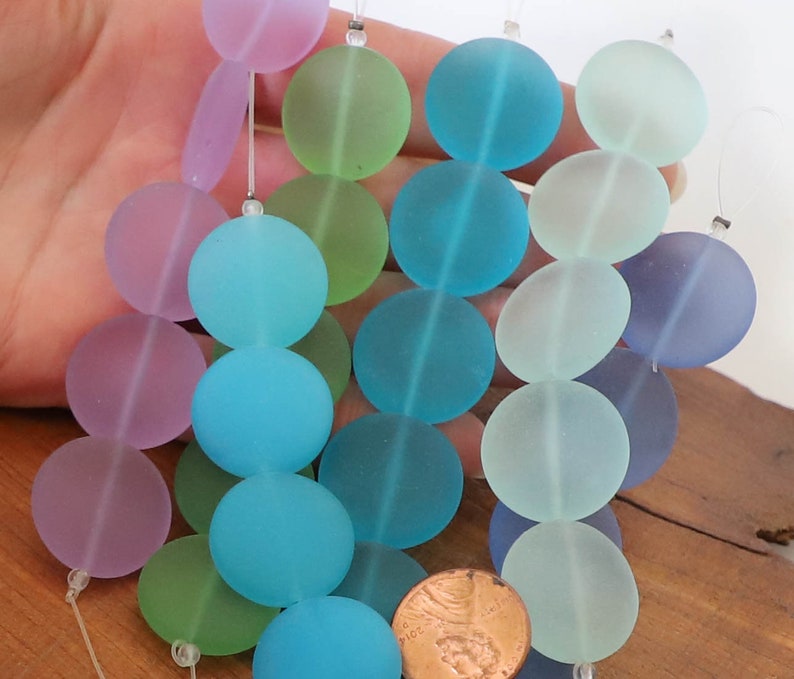 4 / 8 str 20mm LARGE sea beach glass bead coin matte frosted small recycled Seafoam Aqua Pacific Blue Lavender Green image 2