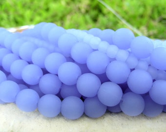 8" 4mm 6mm 8mm 10mm SAPPHIRE BLUE opaque sea beach glass Round Beads frosted recycled - Pick Size