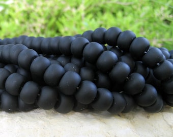 1 / 2 str 8" Black 10mm rondelle sea beach glass  beads frosted recycled matte - Pick Quantity