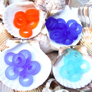 4 / 8 pcs Aqua Royal Sapphire blue / Orange 13mm CHEERIOS PETITE bottle ring donut sea beach glass bead frosted recycled