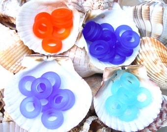 4 / 8 pcs Aqua Royal Sapphire blue / Orange 13mm CHEERIOS PETITE bottle ring donut sea beach glass bead frosted recycled