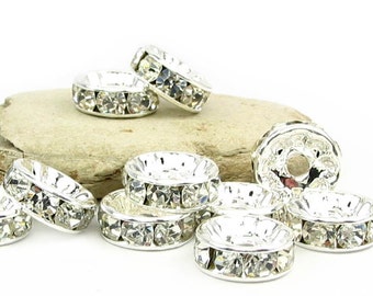 24 pcs 4mm 5mm 6mm 7mm  8mm 10mm Rhinestone Rondelle beads silver plated over brass - middle east stone - crystal clear - PICK SIZE