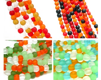1 / 2 str 7" 4mm MIX sea beach velvet recycled glass beads matte frosted small round - Red Yellow Orane Black Green White