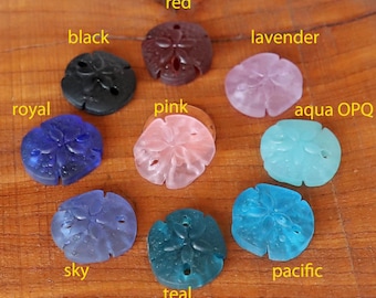 2 / 4 pcs 21mm Sand Dollar textured sea beach glass pendant connector bead frosted recycled - small - Red Lavender Teal Royal Aqua Blue Pink