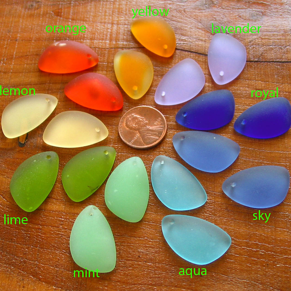 1 / 2 pcs 25mm RIGHT Wing Eclipse sea beach glass teardrop drop pendant bead frosted recycled Green Yellow Orange Blue Lavender - PICK Color