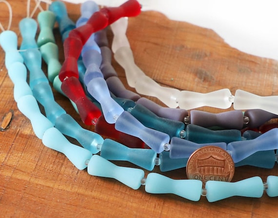 1 / 2 str 8" 9pcs 22mm hour glass bone sea beach glass Beads frosted recycled - Red Aqua Teal Blue White Purple