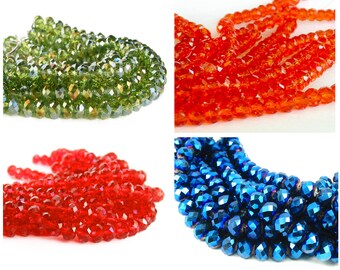 7" 6mm x 4mm  designer crystal rondelle Beads faceted glass - recycled - BLUE metallic - Siam Red - Olive Green AB - Hyacinth Orange