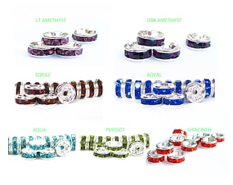 24 pcs  4mm 5mm 6mm 7mm 8mm Rhinestone Rondelle beads silver plated over brass - middle east stone - Green Red Blue Purple Brown
