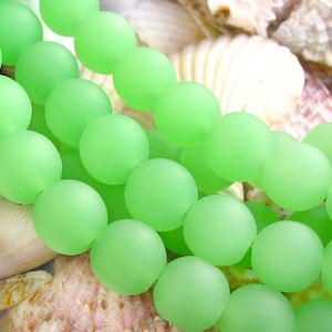 8&quot; 6mm 10mm  SPRING green opaque round sea beach velvet glass beads matte frosted recycled
