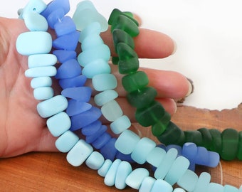 8" 10mm 15mm LARGE chip pebble nugget sea beach velvet glass beads frosted recycled - Seafoam Sapphire Aqua Blue Green