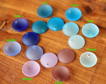2 / 4 pcs 18mm SMALL Aqua Royal Sapphire Teal Blue Lavender Purple concaved coin sea beach glass pendant beads matte frosted recycled
