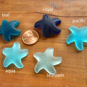 1 / 2 pc 32mm - Royal Aqua Pacific Teal Seafoam Blue - LARGE starfish sea beach glass pendant bead frosted recycled TOP Drilled
