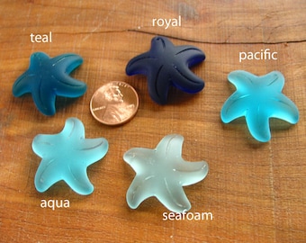 1 / 2 pc 32mm - Royal Aqua Pacific Teal Seafoam Blue - LARGE starfish sea beach glass pendant bead frosted recycled TOP Drilled
