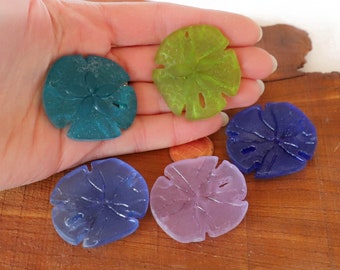 1 / 2 pcs 40mm Lime Teal Blue Periwinkle Sand Dollar textured sea beach glass pendant connector bead frosted recycled  large small PICK