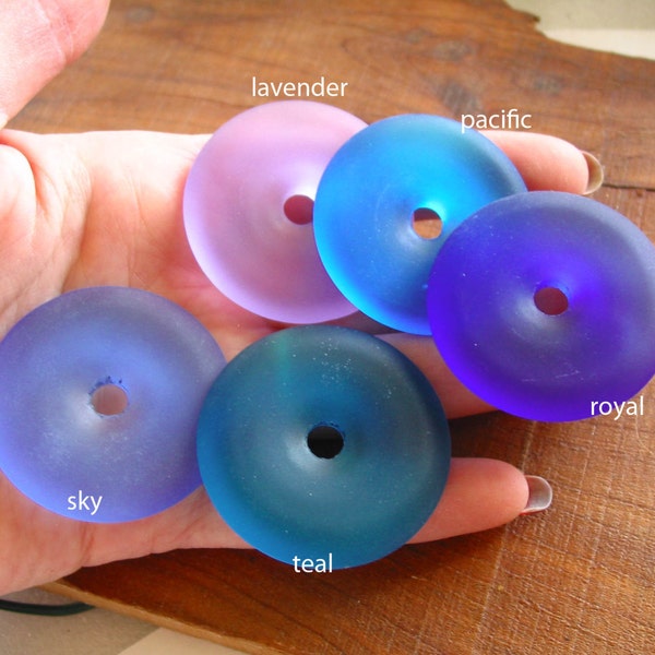 1 / 2 pcs 40mm LARGE Pacific Royal Teal Sapphire Blue Lavender Green sea beach glass donut pendant bead frosted recycled matte