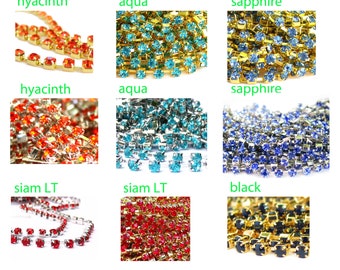 3 feet 3mm 12SS Rhinestone GOLD / SILVER plated brass chain trim - middle east stone - Aqua Sapphire Blue Siam Red Black Hyacinth