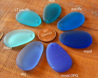 2 / 4 pcs 33mm Aqua Pacific Royal Teal Sapphire Blue sea beach glass pendant bead pebble oval matte frosted recycled - PICK