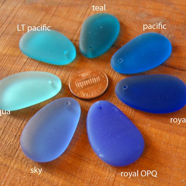 2 / 4 pcs 33mm Aqua Pacific Royal Teal Sapphire Blue sea beach glass pendant bead pebble oval matte frosted recycled - PICK