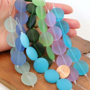4 / 8 str 20mm LARGE sea beach glass bead coin matte frosted small recycled Seafoam Aqua Pacific Blue Lavender Green image 1