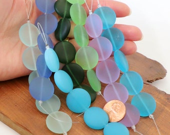 4" / 8" str 20mm LARGE sea beach glass bead coin matte frosted small recycled - Seafoam Aqua Pacific Blue Lavender Green